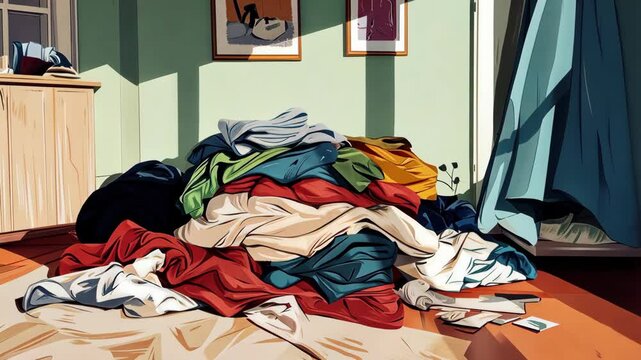 A pile of colorful clothes sits on a wooden floor in a sunny room