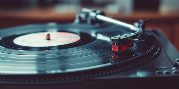Vinyl record player with needle on record.