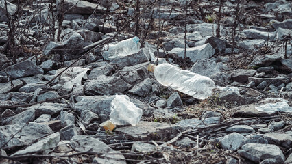 Plastic bottles thrown by people on the stone shore of the lake.