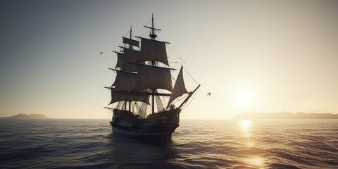 Obraz premium Sailing ship on a sea cruise. Sunset. Travel.