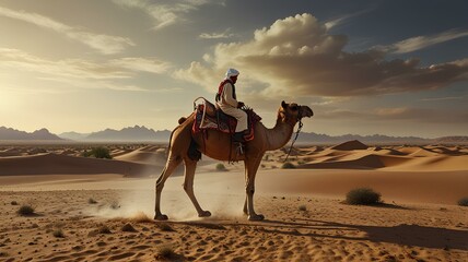 Camel Rider in the Desert Landscape - Realistic Photo.