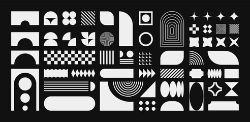 Abstract retro shapes, basic brutal forms and figures in Y2K aesthetics, white vintage stickers, logos, labels. Decorative design elements, vector illustration.