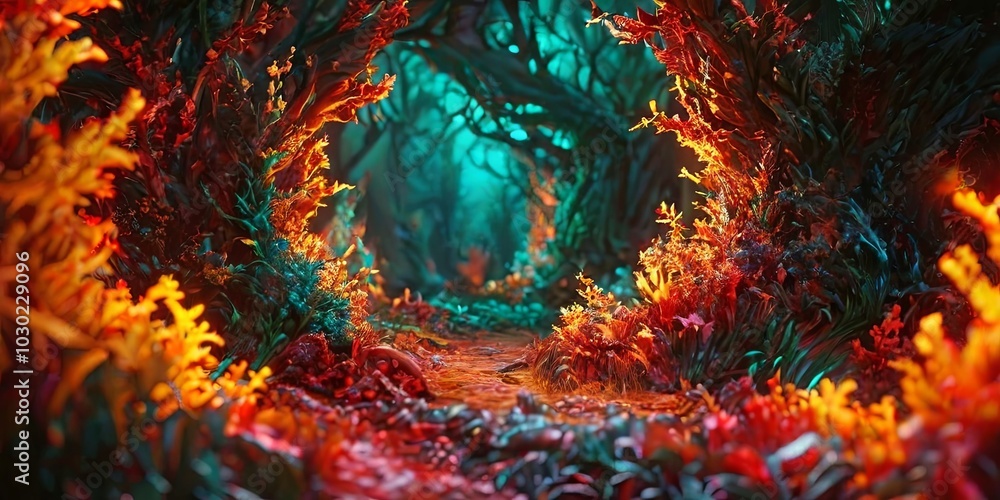 Poster A forest with a path through it