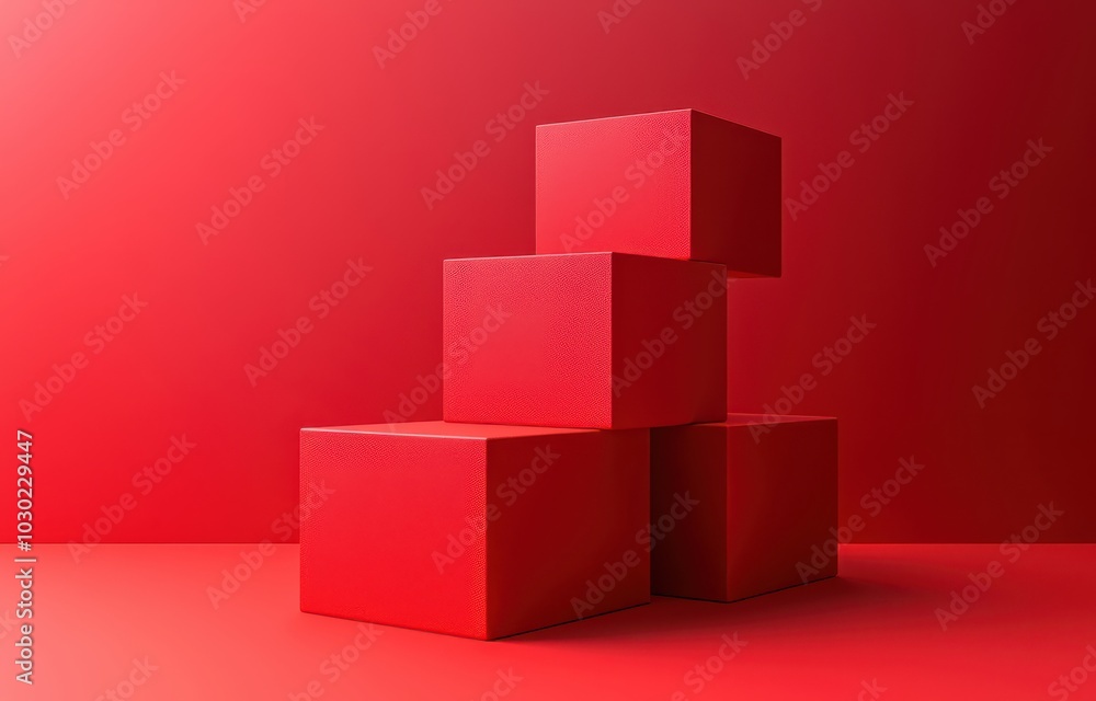 Poster minimalist composition of three red cubes stacked on a vibrant red background for modern design conc