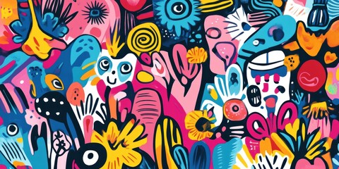 Abstract colorful illustration with cartoon shapes.