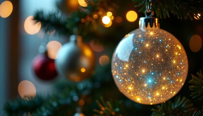 A close-up of a futuristic ornament hanging from a traditional Christmas tree