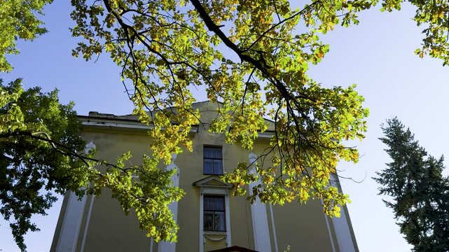 The upper part of a historic building yellow facade is framed by oak branches with green and golden autumn leaves. Captured from a low angle, the image emphasizes the natural contrast between the