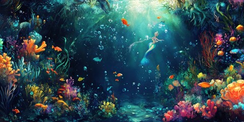 Colorful underwater scene with a mermaid.