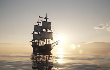 Fototapeta premium Sailing ship on a sea cruise. Sunset. Travel.