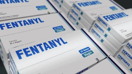 Fentanyl opioid painkiller tablets box production line. Medical pain drug Cardboard pack factory. Abstract concept 3d loopable seamless animation.