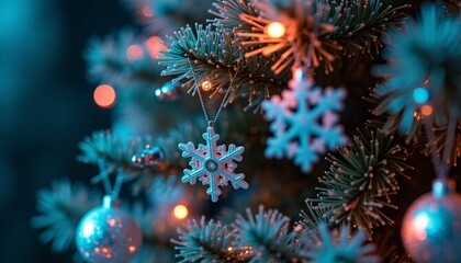 A close-up of a cybernetic Christmas tree, its branches composed of intricate circuitry and glowing LEDs
