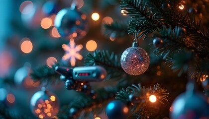 A close-up of a cybernetic Christmas tree, its branches composed of intricate circuitry and glowing LEDs