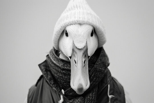 Naklejki Black and white image of stylish duck wearing old fashioned coat generative ai