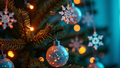 A close-up of a cybernetic Christmas tree, its branches composed of intricate circuitry and glowing LEDs