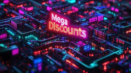 Obraz premium A winding maze constructed from colorful price tags, glowing “Mega Discounts” sign at the center, customers seen making their way through narrow paths, vibrant light effects highlighting the maze,