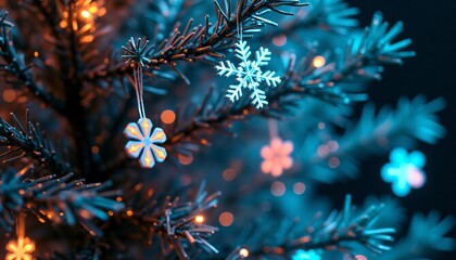 A close-up of a cybernetic Christmas tree, its branches composed of intricate circuitry and glowing LEDs