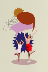Vertical photo collage of two excited girls sisters celebrate family day bubble communication speech laugh isolated on painted background