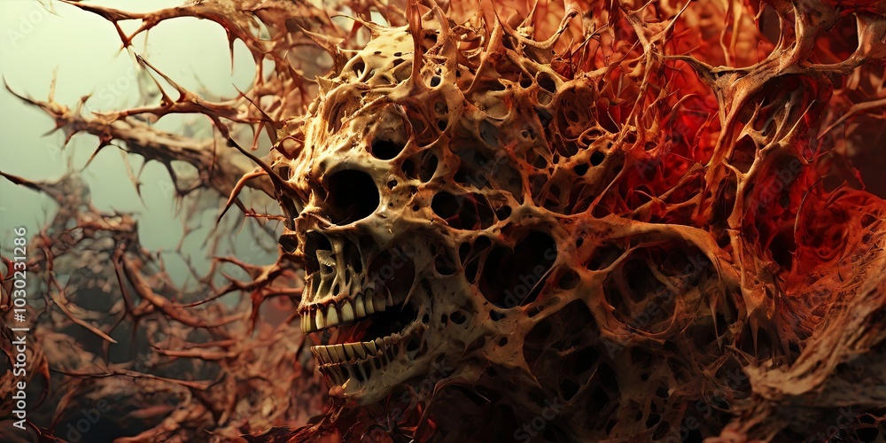Poster a skull with a lot of holes in it is surrounded by a lot of red and brown