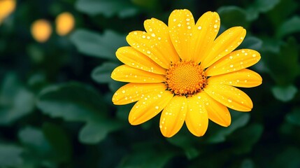 A vibrant yellow flower glistens with droplets of water against lush green leaves, symbolizing freshness and beauty in nature.