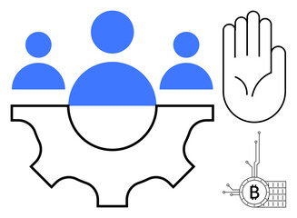Three blue people icons, a gear, an open hand, and a bitcoin symbol with lines suggesting a circuit. Ideal for technology, blockchain, cryptocurrency, teamwork, protection
