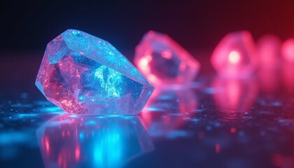 A close-up of a single, faceted crystal, emitting a bright and colorful glow. The crystal is made of a futuristic