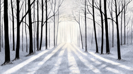 Sun shining through trees in snowy forest