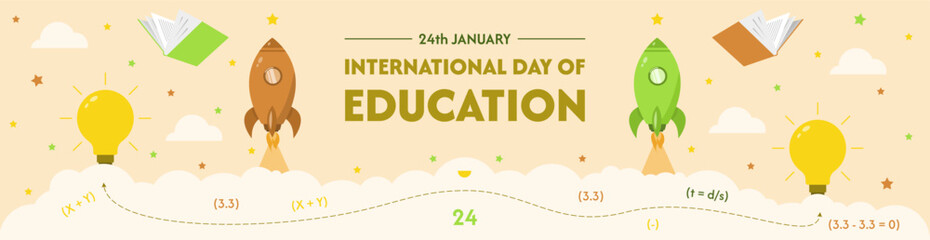 Education Day banner design with lightbulb, stars, books, and rockets. Vector illustration.