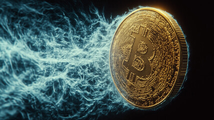 A gold coin crafted from binary code glows with energy in a digital landscape, symbolizing the fusion of currency and technology in modern finance