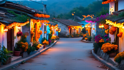 Obraz premium A charming cobblestone street in a village, illuminated by string lights and adorned with vibrant flowers for a festive celebration
