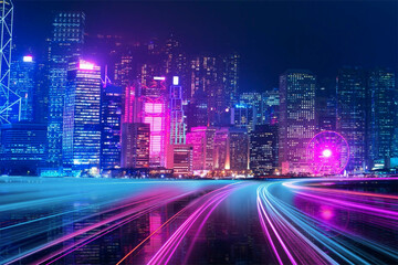 Fototapeta premium Night cityscape photo with neon lights effect