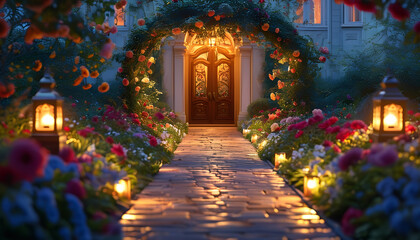 A cobblestone pathway lined with lanterns leads to a grand wooden door adorned with floral archway