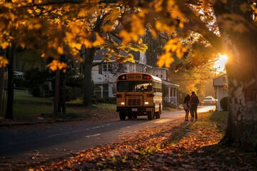 Obraz premium School bus driving children through an autumn park