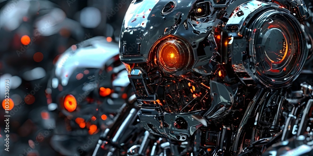 Poster A group of robots with glowing eyes and a metallic appearance