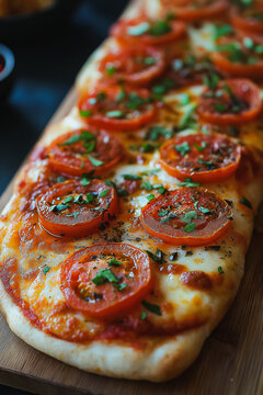 Pizza: Flatbread topped with tomatoes, cheese, and various ingredients