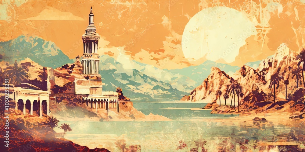 Poster a painting of a city with a large building and a mountain in the background