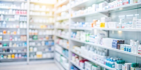 pharmacy counter with blur shelves of drug in the pharmacy drugs