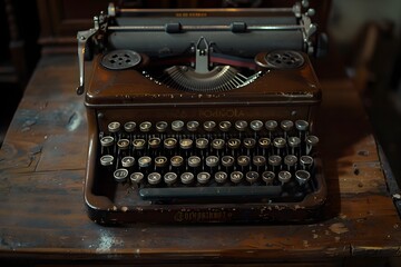 Close Up of Vintage Typewriter on Wooden Desk with Focused Keys and Metal Parts