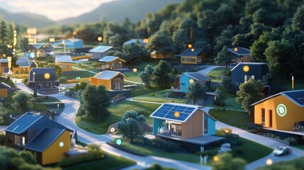 Obraz premium A miniature model of a sustainable village with solar panels, smart homes, and a green environment.