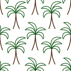  Palm tree. Continuous vector pattern. Isolated colorless background. Evergreen tropical tree. Exotic plant with mighty trunk and big leaves. Idea for web design.
