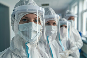 Generative AI illustration of people in biohazard protective clothes suits disinfection pollution gas radioactive elements