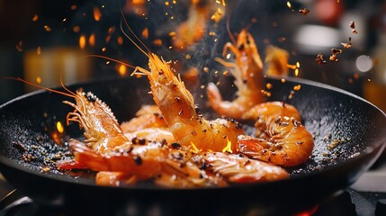 Super footage of throwing fresh prawns and seasonings on a lit frying pan, 