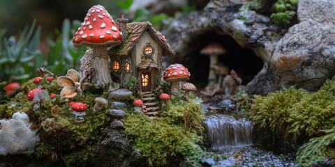 Fototapeta premium Fairy house with mushroom roof, moss, and stream.
