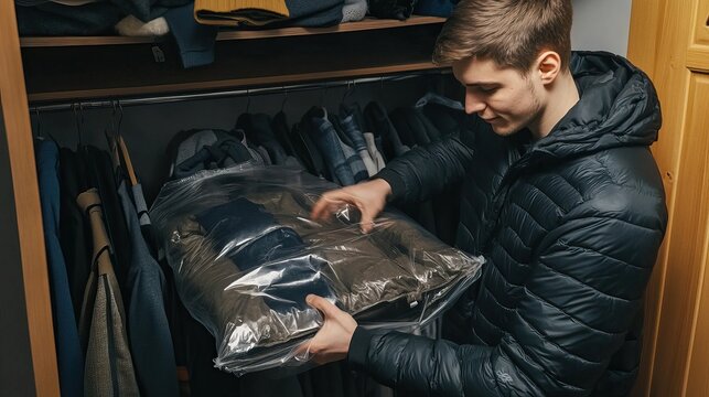 Man Packing Winter Clothes in a Storage Bag