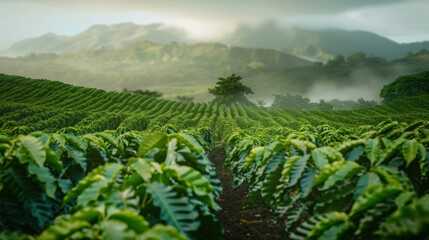 Naklejka premium A serene coffee plantation on hilly terrain with a lone tree, fog, and overcast sky. Tranquil atmosphere and lush greenery.