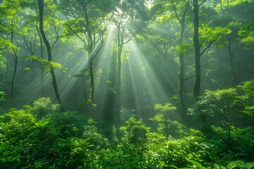 Obraz premium Tranquil Forest Scene with Sunlight Filtering Through Lush Greenery