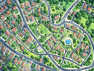 Detailed Stylized Map of a Fictional City with Green Spaces and Transportation Routes