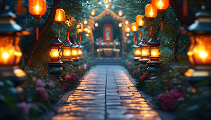 Obraz premium A stone path lined with glowing lanterns leads to a temple in a lush, tranquil garden