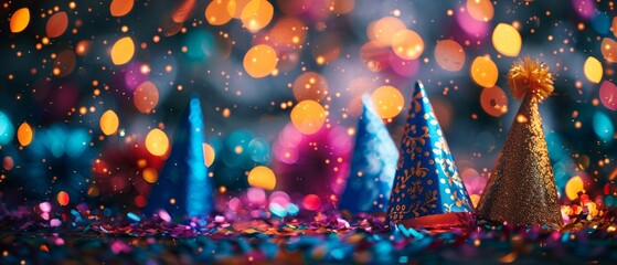 Image depicts two party hats in blue and gold with yellow tassels, surrounded by confetti and glow sticks on a shiny surface. Evokes a celebratory mood, likely for a birthday or festive event.
