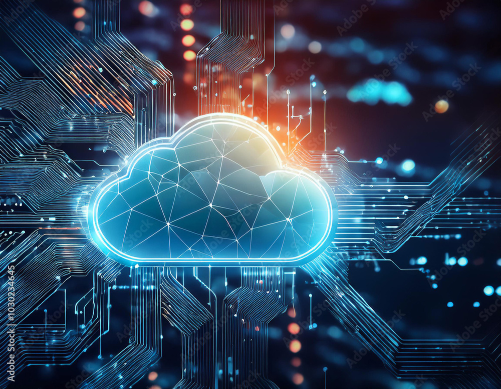 Poster close-up depiction of cloud computing technologies, featuring data storage, network connectivity, an