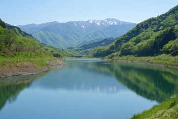 Fototapeta premium A tranquil lake reflecting the majestic mountains and greenery on a sunny day